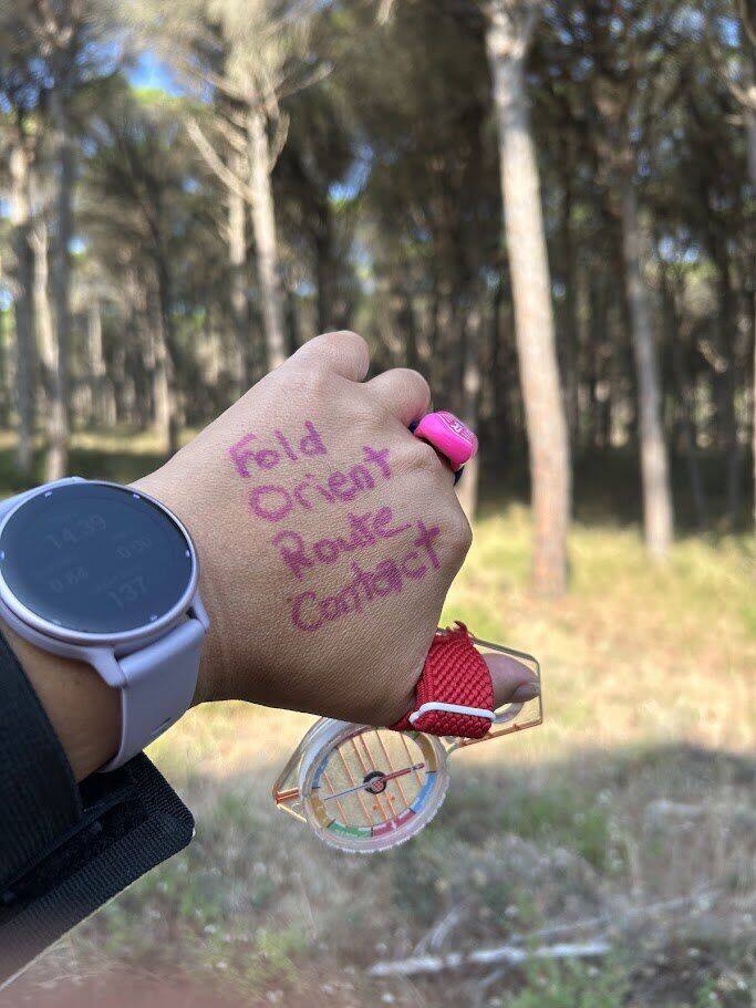 Fold, Orient, Route, Contact written on a hand holding a compass