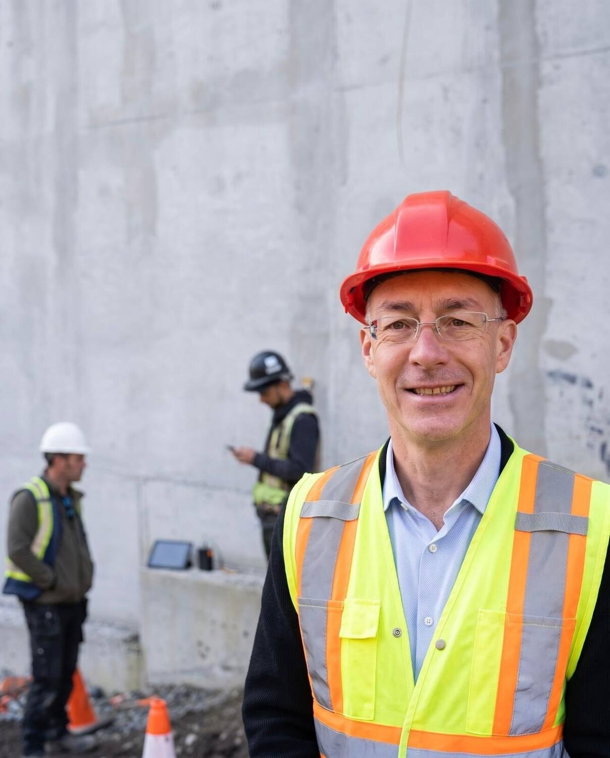 Larry Squire in a red hard hat and hi-vis vest on a concrete construction site, crew working behind him.