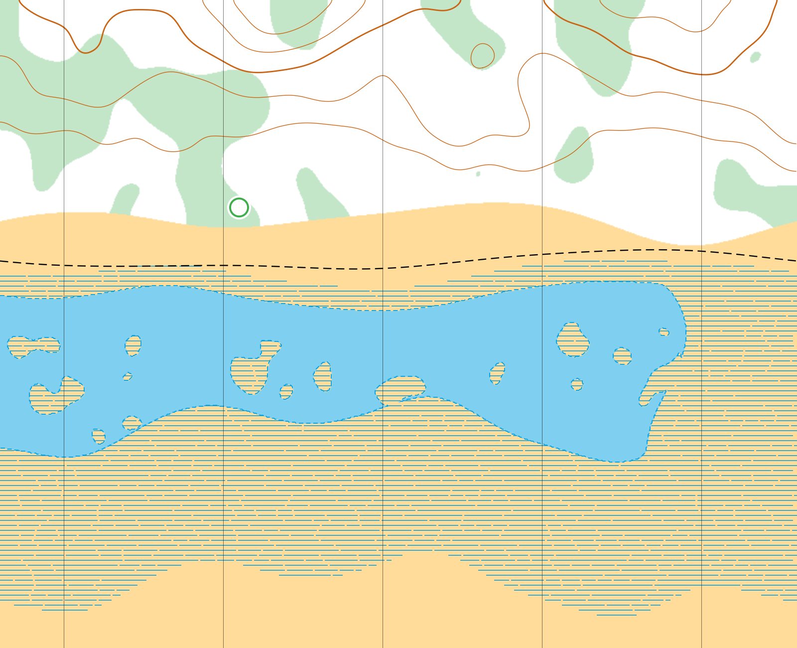 Frame Lake shore drawn in orienteering map symbols: forest, trail, marsh and shallow water